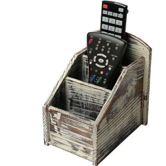 Rustic Torched Wood Remote Control Holder for Table with 3 Compartments - Picture 4 of 5